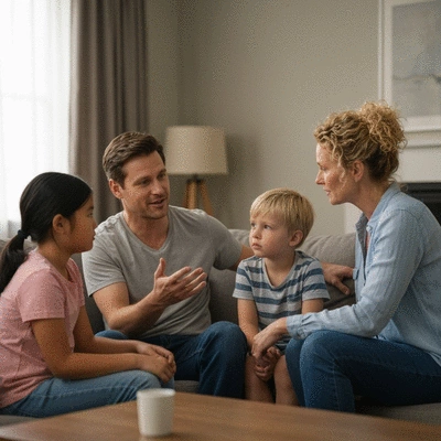 Family sitting together in living room, calmly discussing home safety and legal rights, warm lighting, no text, no words, no typography, clean image