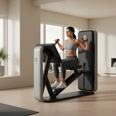 Modern smart home gym equipment in a clean, minimalist home setting, featuring a person exercising with interactive screen feedback, no text, no words, no typography, clean image, 8K