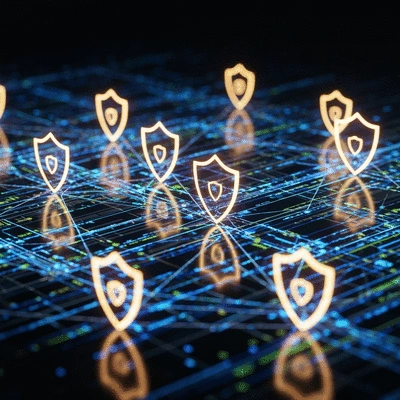 Abstract representation of a secure network with glowing shields and data streams, symbolizing cybersecurity in a 5G environment