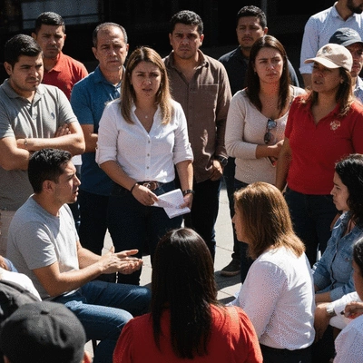 Diverse group of Colombian citizens engaging in a peaceful public discussion or debate, representing public sentiment and civic engagement