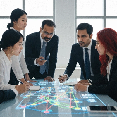Diverse group of professionals collaborating around a table with digital projections of global supply chain data, representing government, business, and international organizations, clean image, no text, no words, no typography