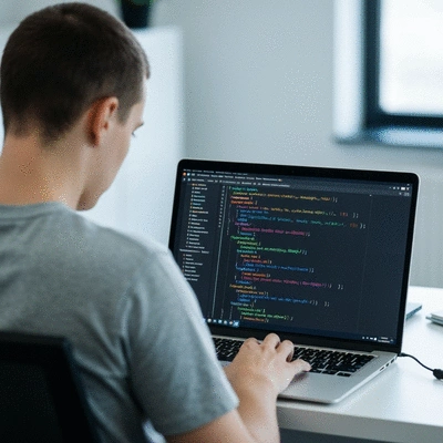 Developer working on a MERN stack application on a laptop, close-up of screen with code, modern office background, no text, no words, no typography, 8K