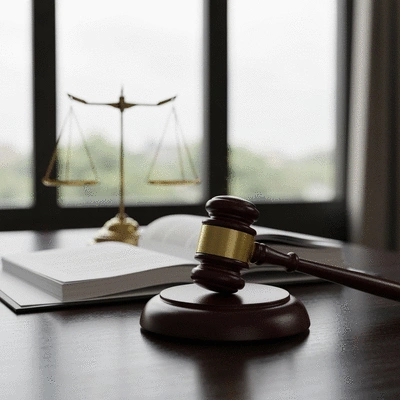 Gavel on a wooden desk with legal documents and scales of justice in the background, symbolizing a court ruling
