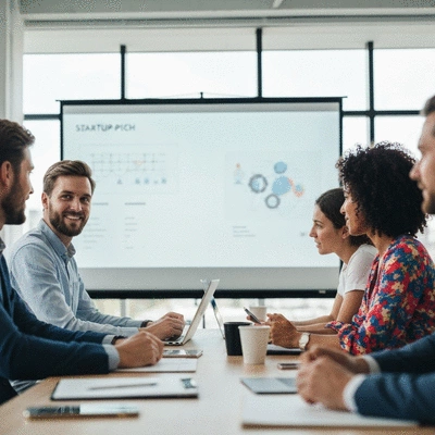Professional startup pitch presentation on a screen, with a diverse team collaborating in the background