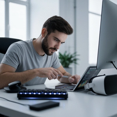 Developer studying optimization techniques on a tablet, surrounded by tech gadgets, modern workspace, no text, no words, no typography, 8K