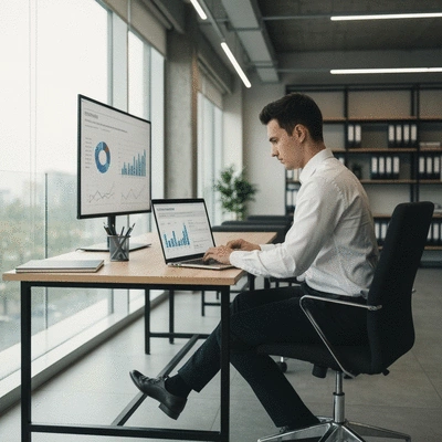 Person using a laptop to plan SEO strategy, with charts and graphs on screen