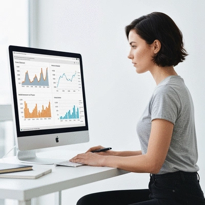 Woman optimizing website speed on a computer, with performance metrics on screen