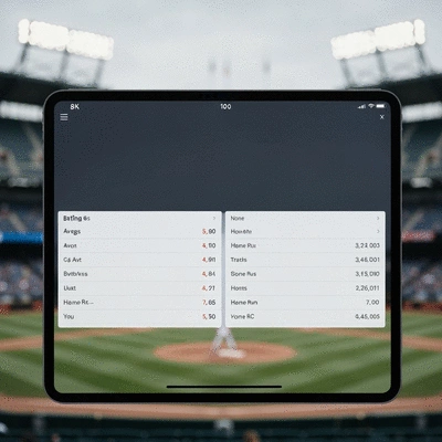 Baseball statistics displayed on a digital screen or tablet, showing batting averages and home run numbers, clean interface