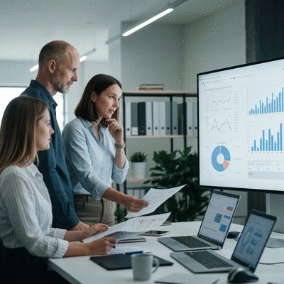 Startup team reviewing compliance documents on a large screen in a modern office