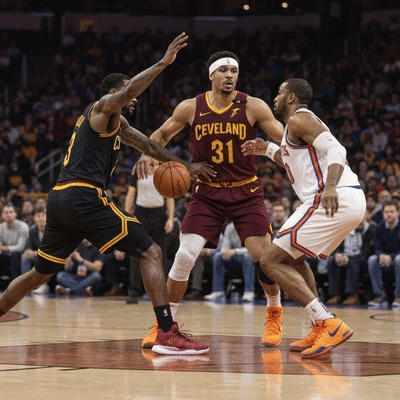 Basketball players from Cavaliers and Knicks in a historical rivalry game, dynamic action shot, blurred background crowd