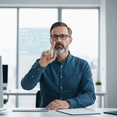 Modern office worker interacting with a holographic AI interface, symbolizing enterprise innovation with Agentic AI, clean image, no text, no words, no typography, no labels, 8K