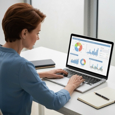 A person using financial planning tools on a laptop, with charts and graphs on screen