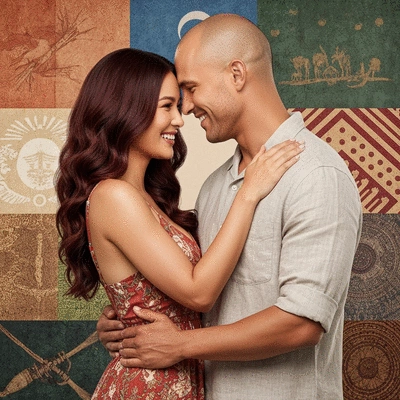 Intercultural couple from 90 Day Fiancé: The Other Way, showing affection, diverse background, no text, no words, no typography, 8K