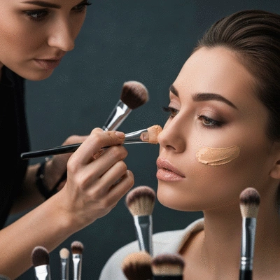 Professional makeup artist applying foundation to a model, close-up, studio lighting, no text, no words, no typography, clean image