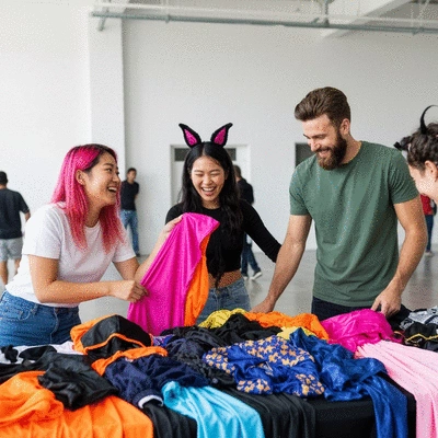Friends happily exchanging Halloween costume pieces at a costume swap event, diverse group, bright and clean environment, no text, no words, no typography, clean image