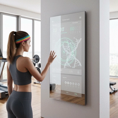 Person interacting with a sleek fitness mirror, displaying personalized workout data, with a subtle DNA helix graphic overlay, in a modern home gym, no text, no words, no typography, clean image, 8K