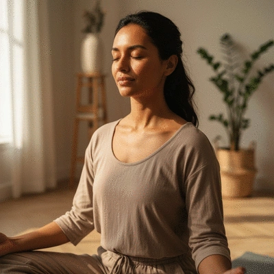Woman meditating or practicing yoga to manage stress