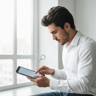 Person researching on a tablet, showing informational intent with data points and a magnifying glass