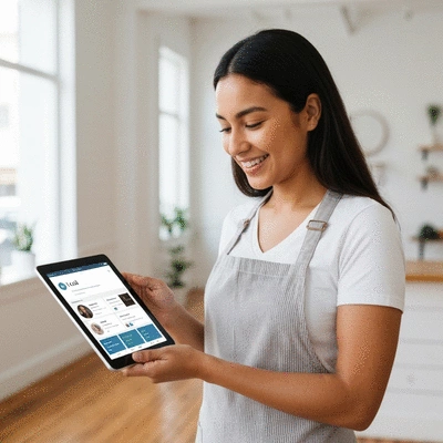 Local business owner smiling in their shop, looking at a tablet with local search results, clean image, no text, no words, no typography