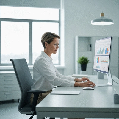 Aviation safety expert reviewing data on a computer, with charts and graphs, modern office environment, no text, no words, no typography, clean image