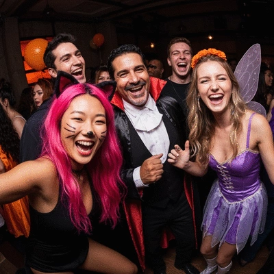 Diverse group of friends dressed in popular culture Halloween costumes, laughing and posing at a party, vibrant colors, festive atmosphere, no text, no words, no typography, clean image