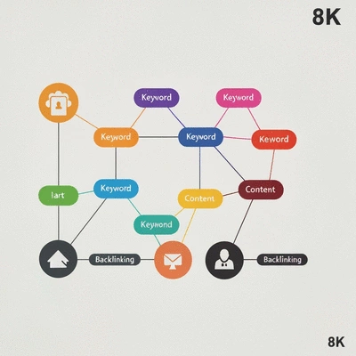 Visual representation of various SEO strategy components like keyword optimization, content quality, and backlinks, no text, no words, no typography, clean image