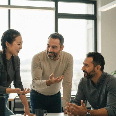 Diverse startup founders discussing funding options in a modern office