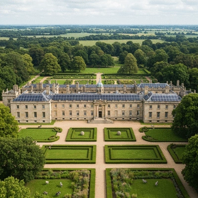 Modern sustainable estate management with solar panels and green spaces