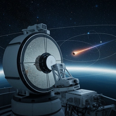 Advanced astronomical observatory tracking a fast-moving asteroid against a star-filled background