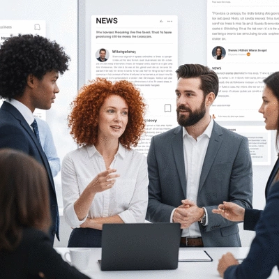 Diverse group of people engaging in a lively political discussion, with news headlines and social media feeds subtly integrated in the background, no text, no words, no typography, clean image