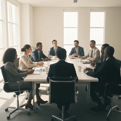 People discussing policy changes for sustainable fashion in a modern meeting room, diverse group, professional attire, no text, no words, no typography, no labels, clean image, 8K