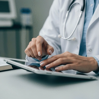Close-up of a doctor's hands reviewing medical charts on a tablet, with a blurred background of a hospital or clinic setting, conveying professional medical analysis, no text, no words, no typography, no labels, clean image