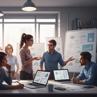 Professional digital marketing team collaborating on an AI SEO strategy, showing laptops and whiteboards.