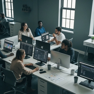 Diverse team collaborating efficiently with AI tools