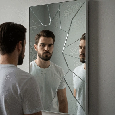 Person looking at their reflection in a distorted mirror, symbolizing inflated self-worth and distorted perception, no text, no words, no typography, clean image