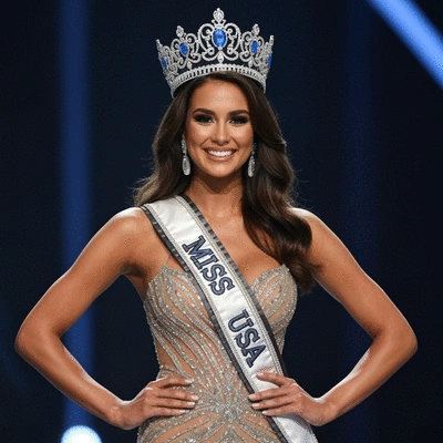 Audrey Eckert, Miss USA, wearing her crown and sash, smiling confidently on stage, photorealistic, no text, no words, no typography, 8K