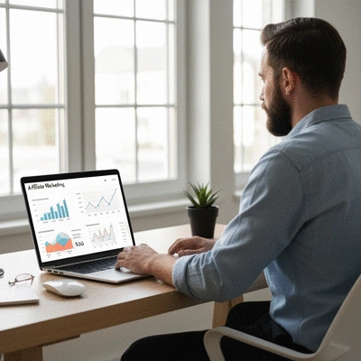 Person using a laptop with an affiliate marketing dashboard open, showing SEO metrics and charts, clean, professional setting, natural lighting, no text, no words, no typography, 8K