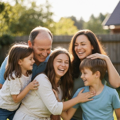 Happy family with parents and children interacting positively, showing closeness and connection