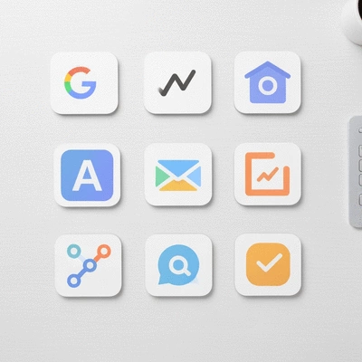 Various data analytics tools icons on a modern desk, representing startup health checks
