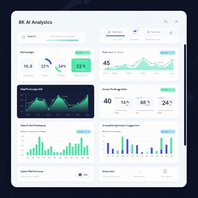 AI-driven analytics dashboard showing SEO insights and content optimization suggestions, futuristic design, clean interface, no text, no words, no typography, 8K