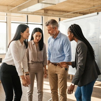 Diverse team collaborating on a digital strategy, using a whiteboard and laptops