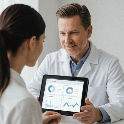 Close-up of a doctor and patient discussing health data on a tablet, emphasizing preventive care, clean, modern medical setting, no text, no words, no typography, clean image