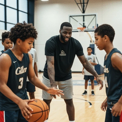 Draymond Green interacting with and mentoring younger basketball players during a practice session, no text, no words, no typography, 8K