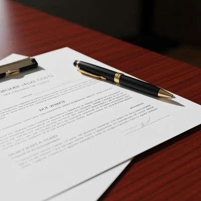 Close-up of legal documents and a pen on a mahogany desk, symbolizing corporate legal costs and due diligence, no text, no words, no typography, 8K, natural lighting