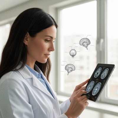 Woman looking thoughtfully at brain scan results on a tablet, with medical illustrations of brain aneurysms in the background