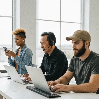 A diverse group of people engaging in an online forum discussion on laptops and smartphones, representing online communities