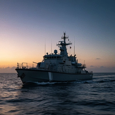 Military vessel patrolling off the coast of Latin America at dusk