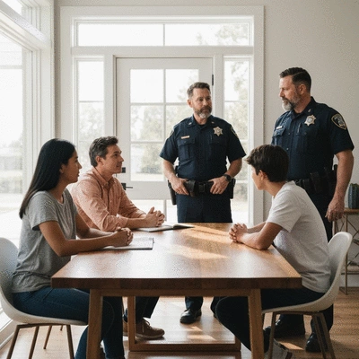 Family discussing legal rights with a police officer at their doorstep, clear communication, modern home, no text, no words, no typography, clean image