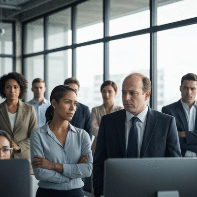 Diverse group of people in a modern office looking concerned, representing the impact of tech layoffs
