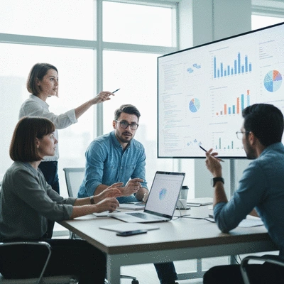 Diverse team collaboratively working on an AI project, brainstorming ideas with charts and code on a screen, modern office, no text, no words, no typography, 8K